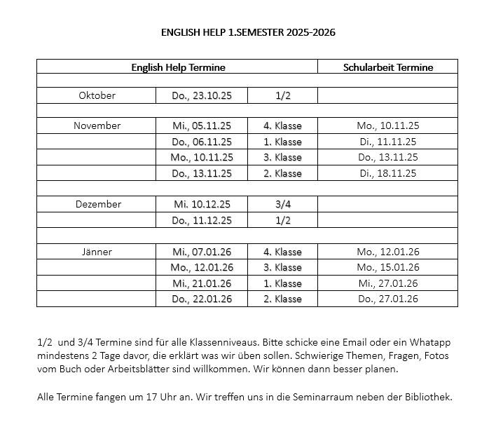 table with meeting times for english help fall 2025