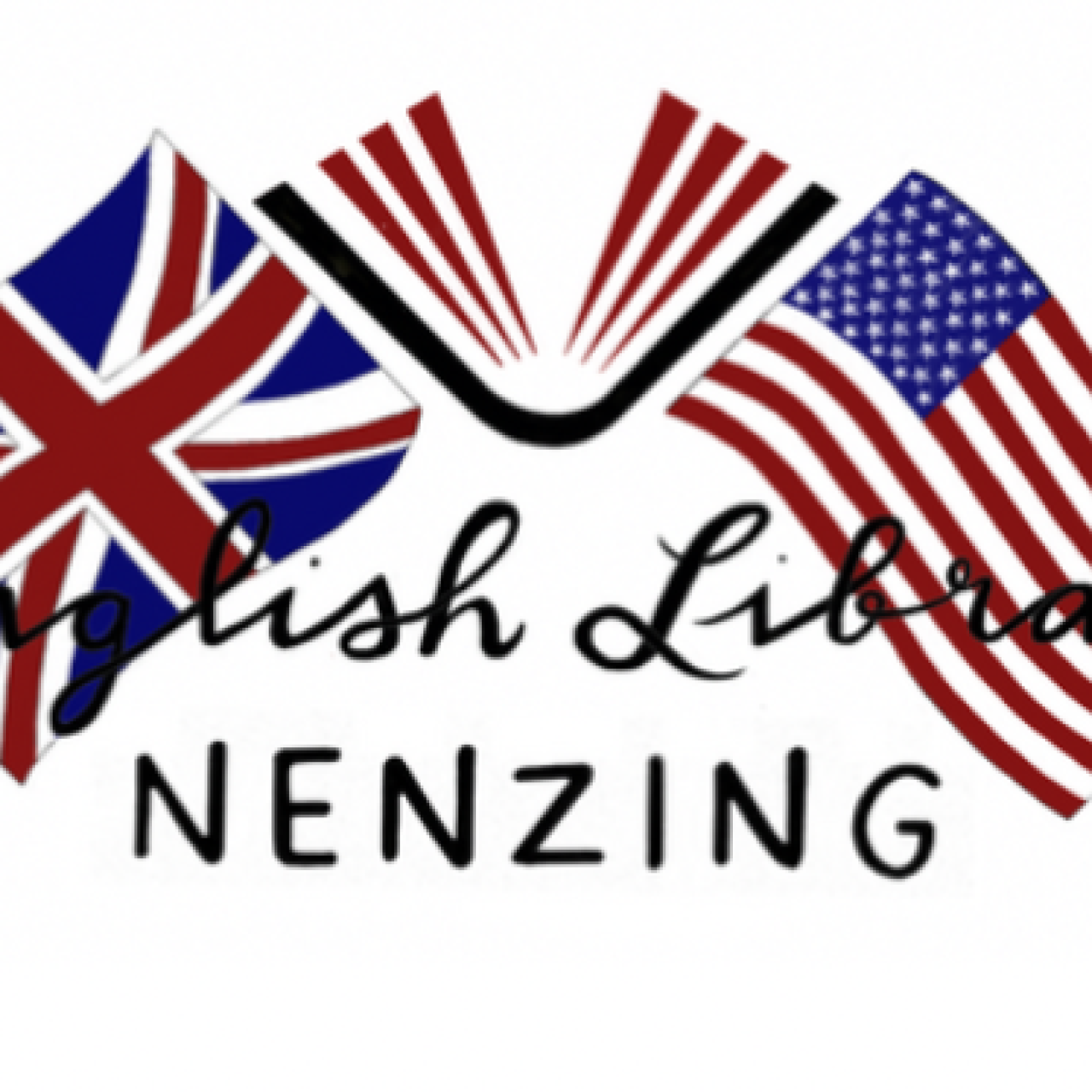 American and British Flags with library logo book between them